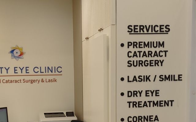 The services board at Clarity Eye Clinic listing cataract, LASIK, dry eye, cornea, glaucoma and retina care